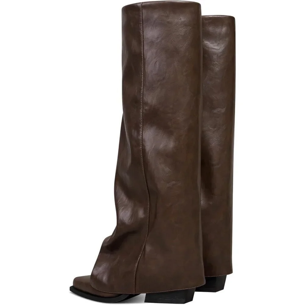 Women Brown Wide Calf Slouchy Shark Pointed Toe  Fold Over Knee High Tall Boots